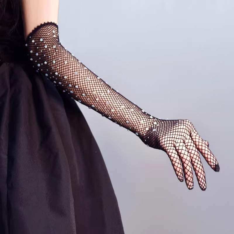 Lace Fishing Net Rhinestone Gloves