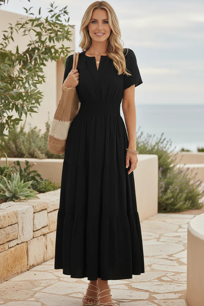 Women's Casual V-Neck Puff Sleeve Tiered Midi Dress with Ruched Waist