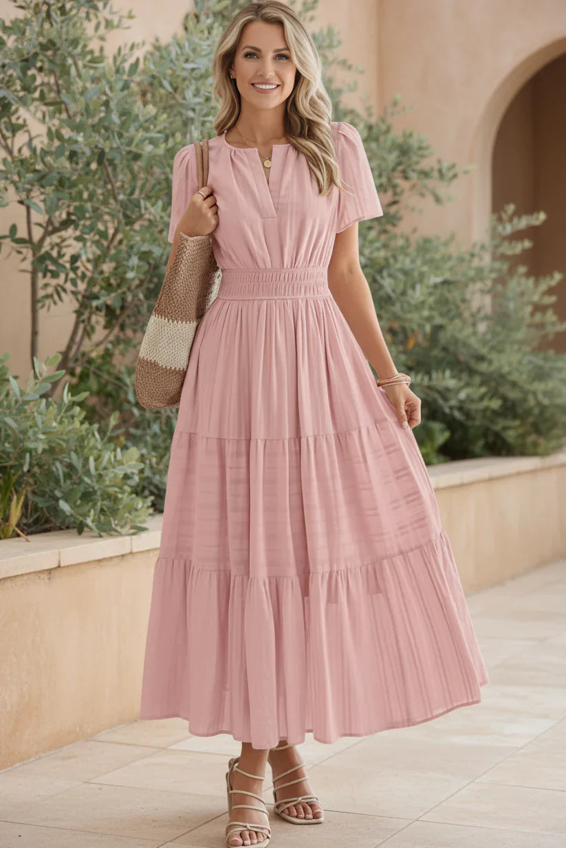 Women's Casual V-Neck Puff Sleeve Tiered Midi Dress with Ruched Waist