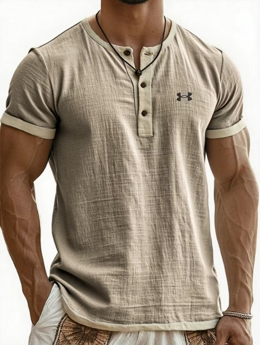 Men's Cotton Linen Casual Henley T-Shirt