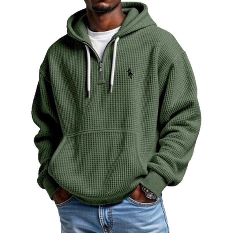 Men's Casual Solid Waffle Zipper Long Sleeve Hooded Sweatshirt