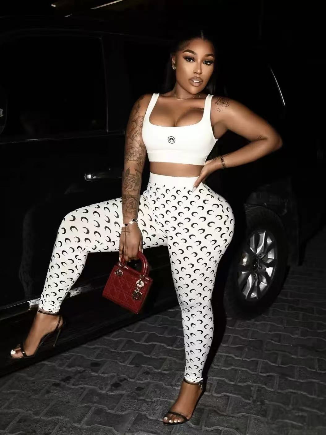 Sexy Slimming Crescent Moon Print Matching Set