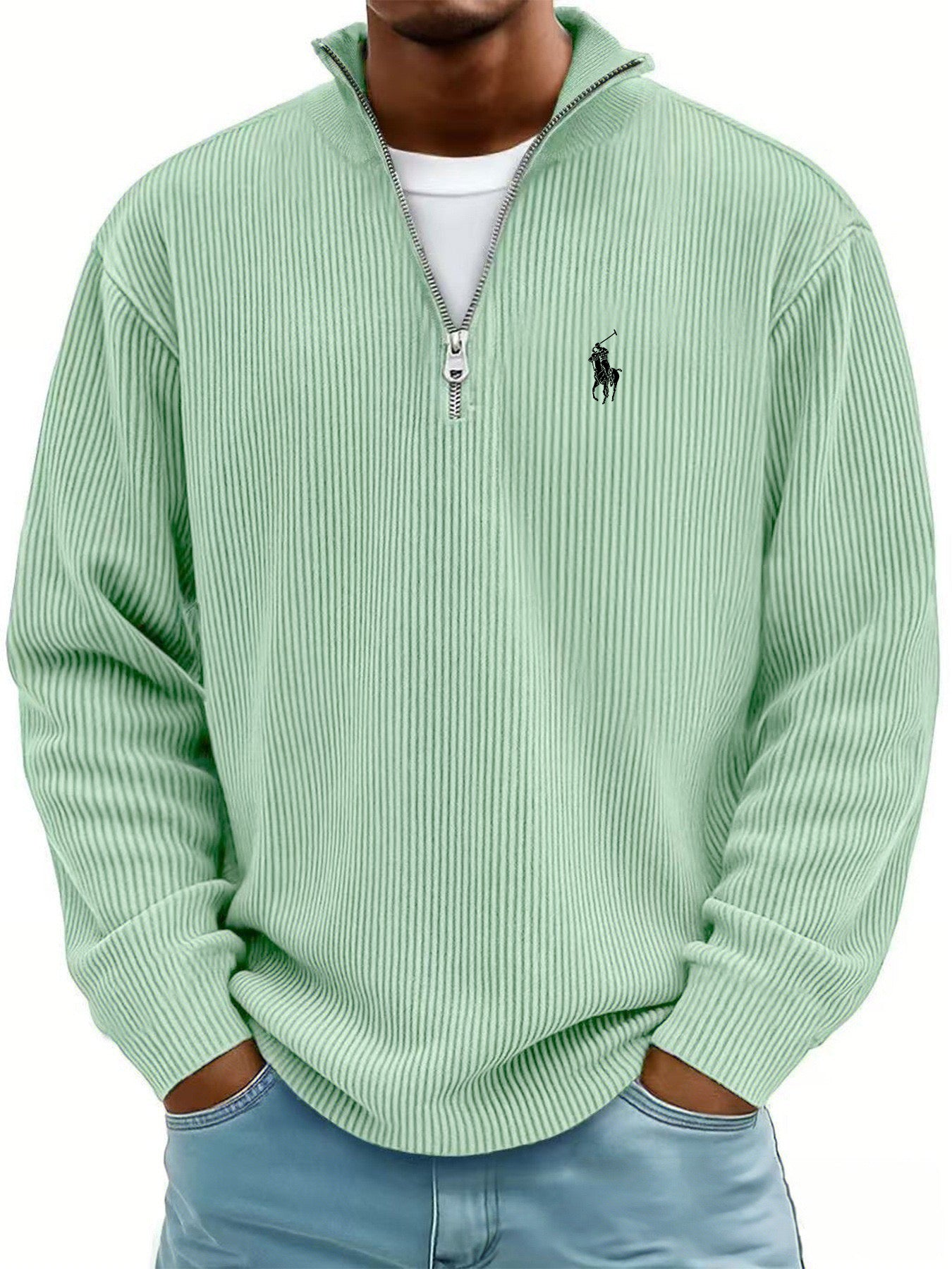 Men's Simple Casual Ribbed Stand Collar Zipper Long Sleeve T-shirt