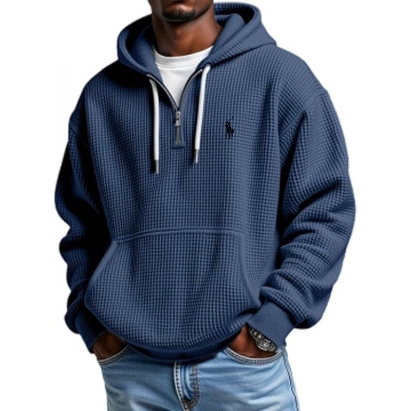Men's Casual Solid Waffle Zipper Long Sleeve Hooded Sweatshirt