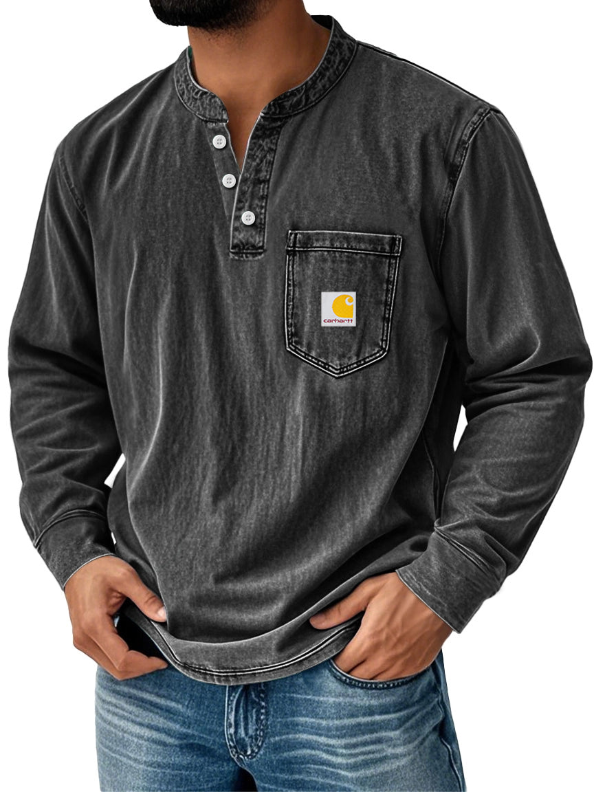 Men's Retro Stand Collar Pocket Casual Distressed Long Sleeve Henley Shirt