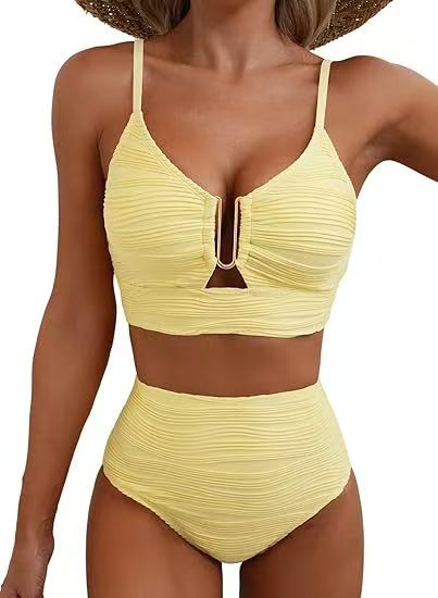 Women's Sheer Swimsuit — Ruched Deep V-Neck, Two-Piece Black High-Waisted Beachwear with Cutouts