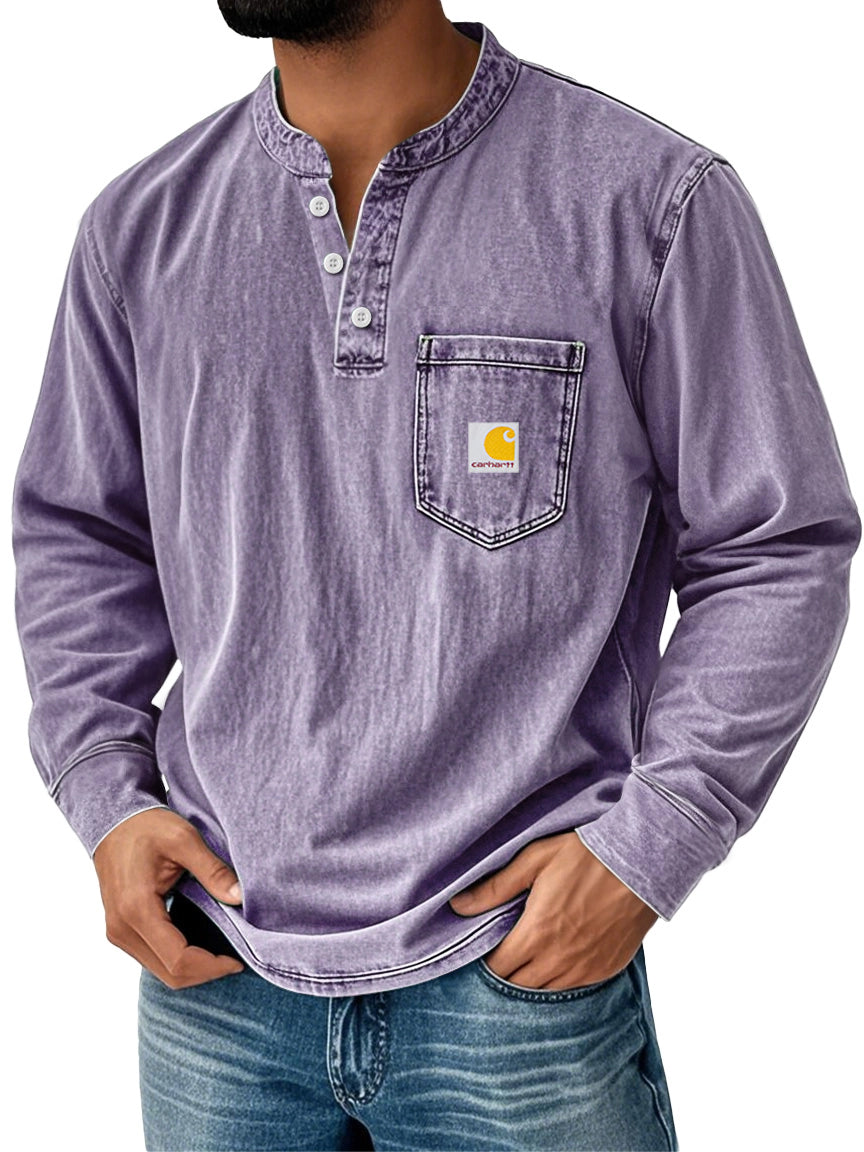Men's Retro Stand Collar Pocket Casual Distressed Long Sleeve Henley Shirt