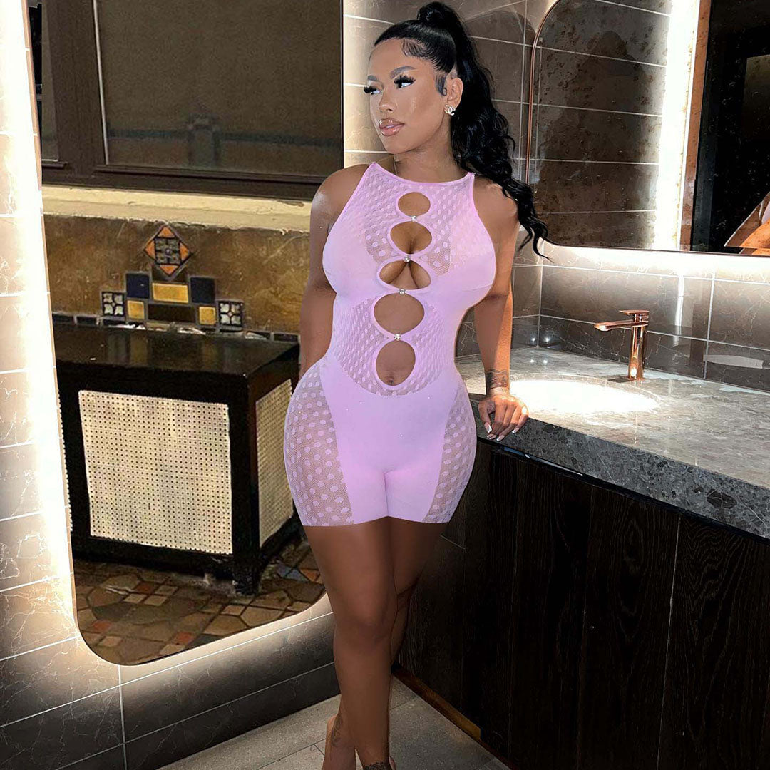 Solid color mesh milk silk jumpsuit