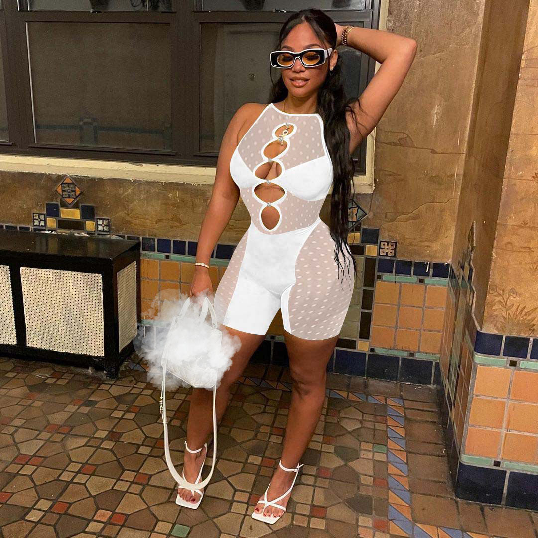 Solid color mesh milk silk jumpsuit