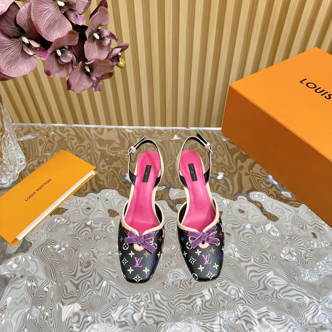 Retro literary velvet bow🎀cat heel sandals L*** VIP 1:1