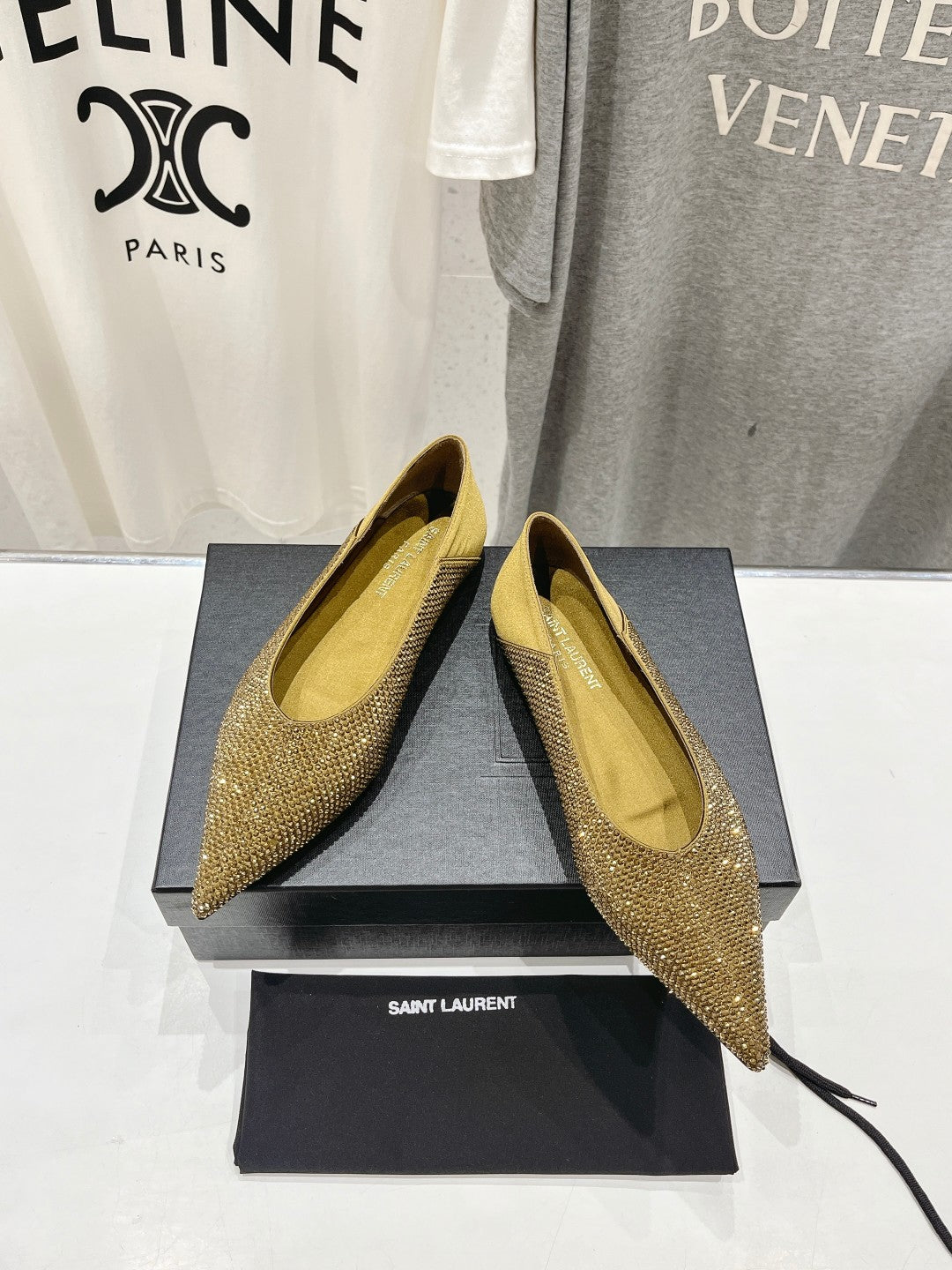 Gold Saint Laurent pointed rhinestone flat shoes mulesVIP1:1