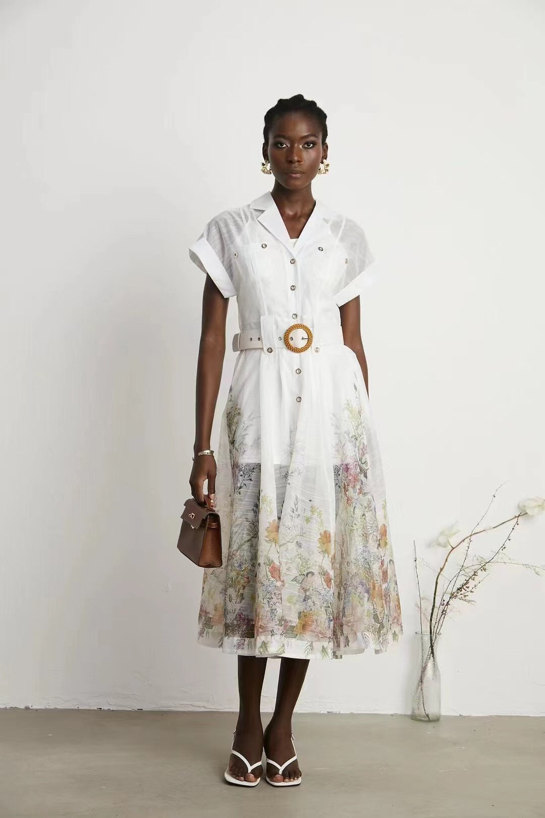 Zimmerma**White Colorful Flower Printed Hem Waist Short Sleeve Dress