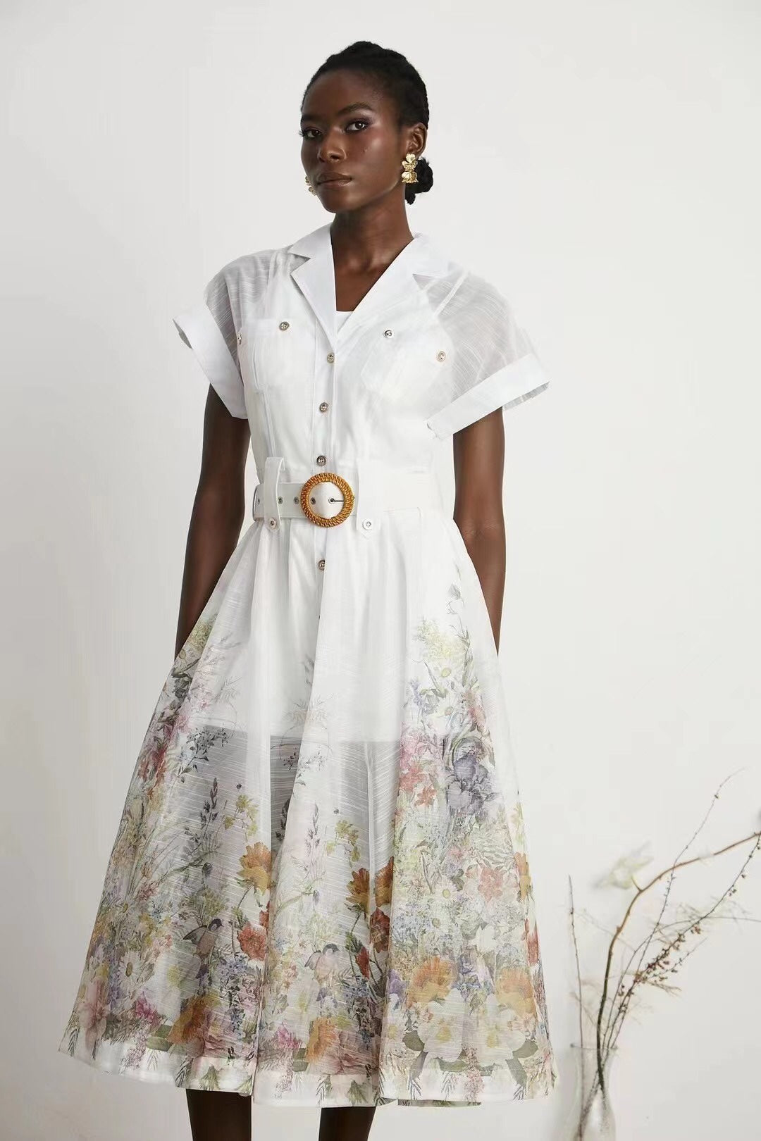 Zimmerma**White Colorful Flower Printed Hem Waist Short Sleeve Dress