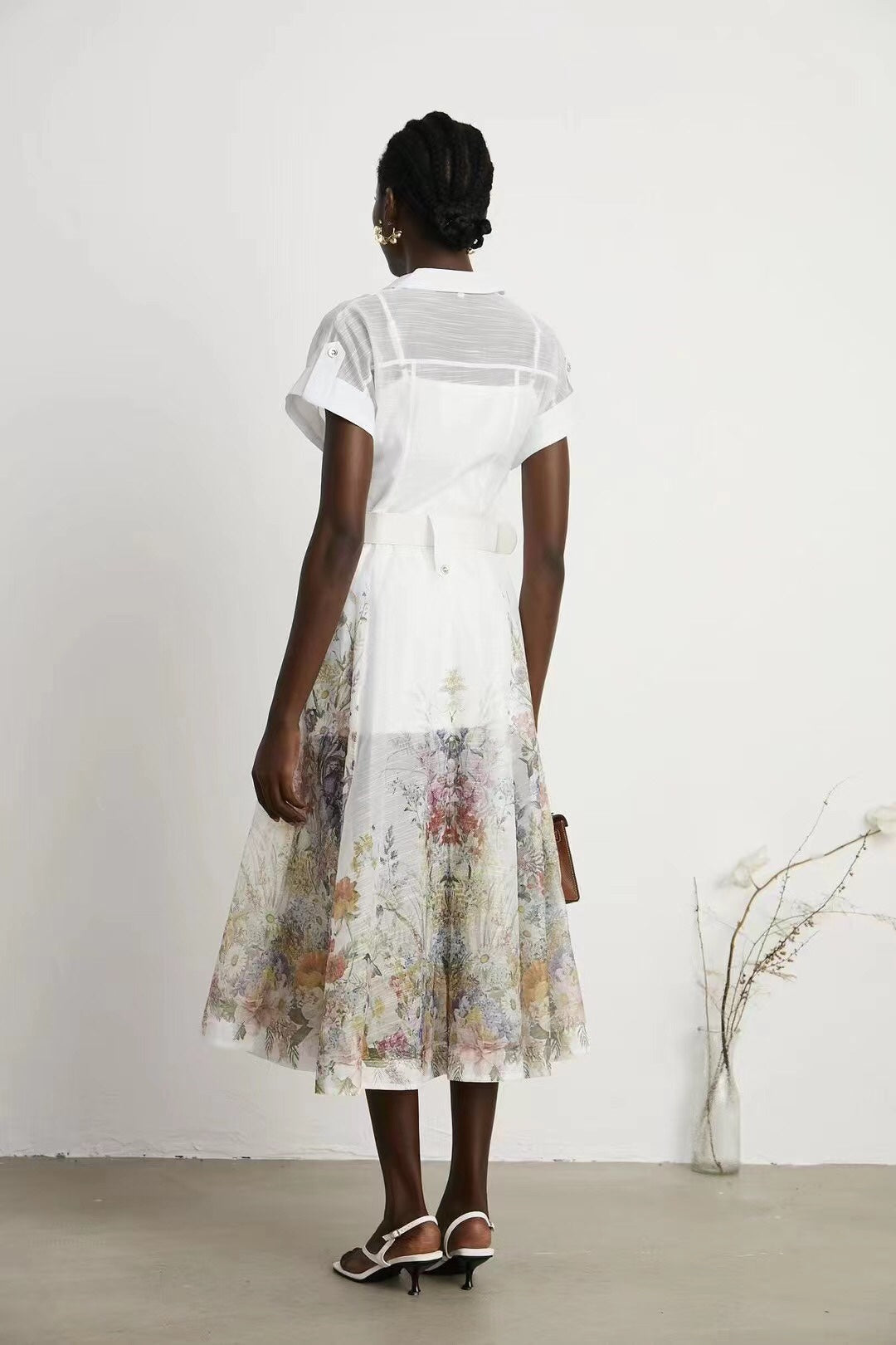 Zimmerma**White Colorful Flower Printed Hem Waist Short Sleeve Dress