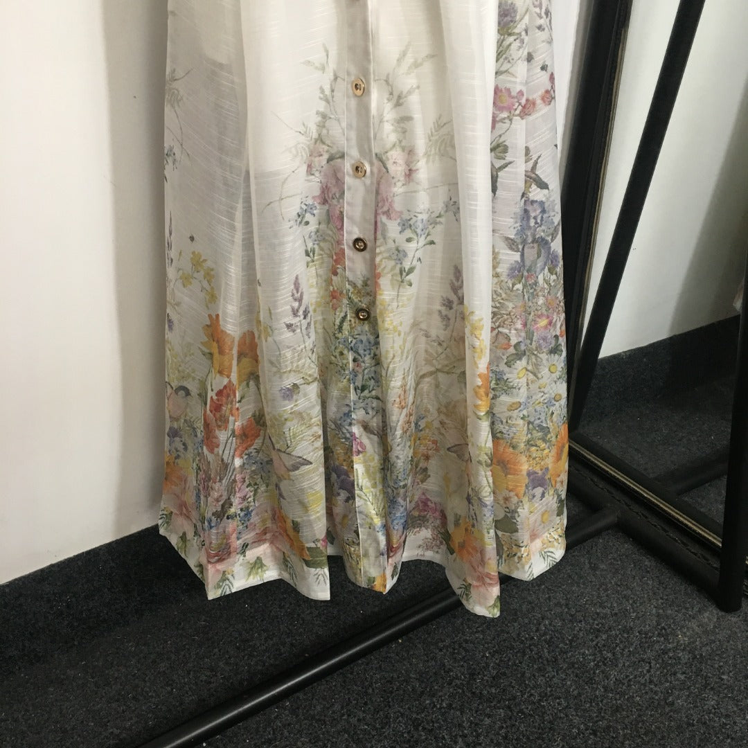 Zimmerma**White Colorful Flower Printed Hem Waist Short Sleeve Dress