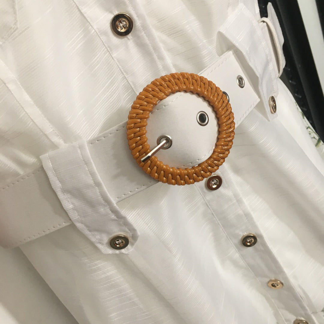 Zimmerma**White Colorful Flower Printed Hem Waist Short Sleeve Dress