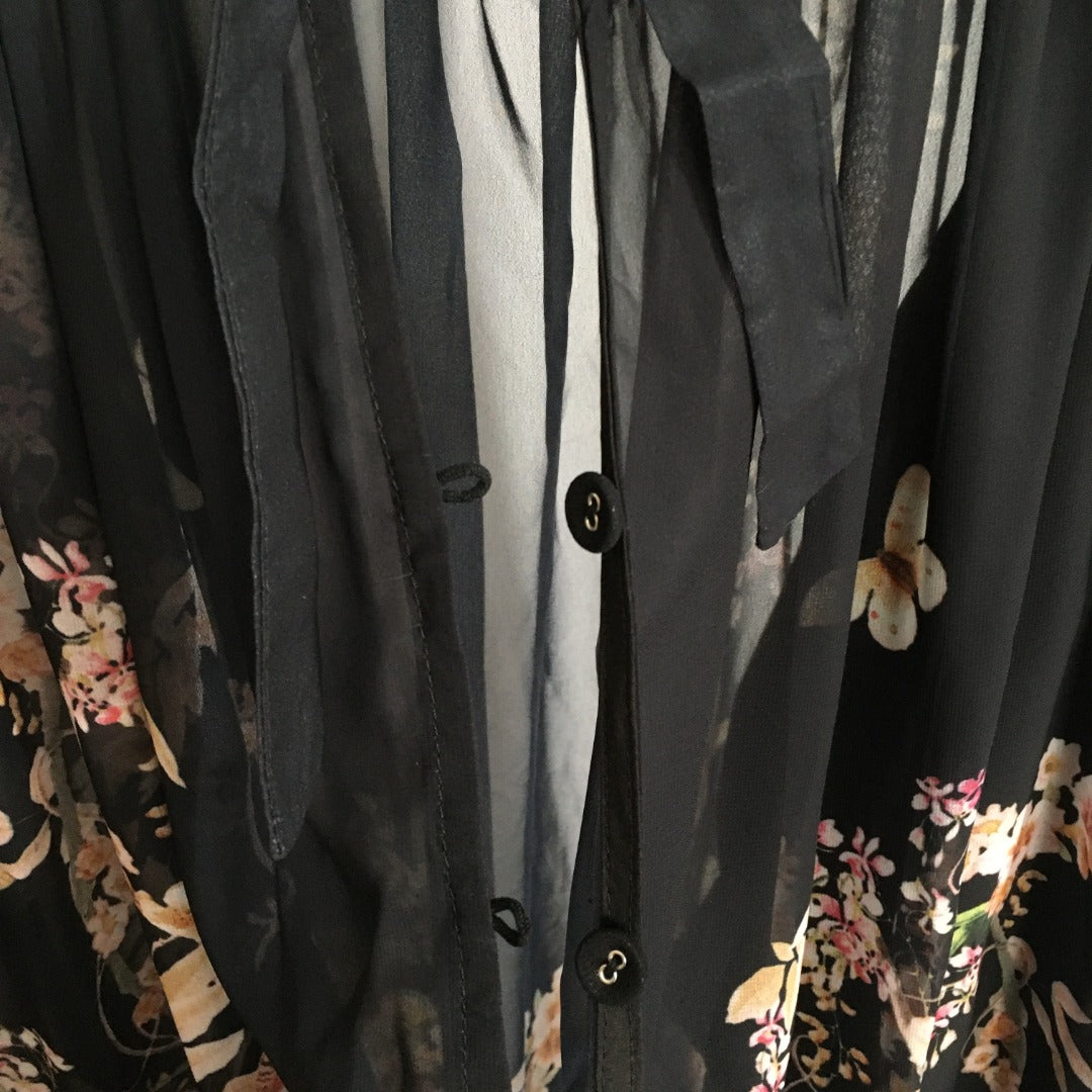 Zimmerma** Pink small flower print lotus leaf hem long sleeve flowing silk black dress