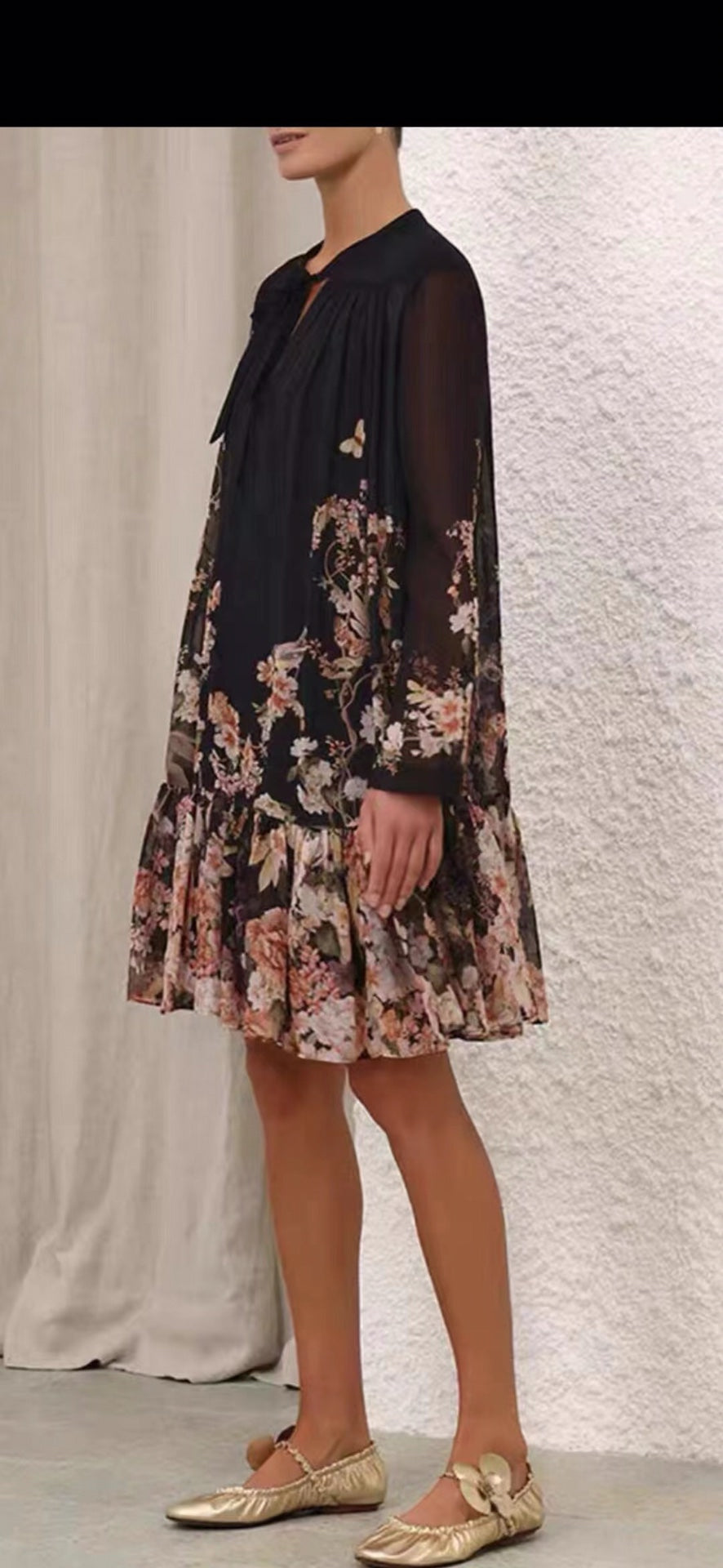 Zimmerma** Pink small flower print lotus leaf hem long sleeve flowing silk black dress