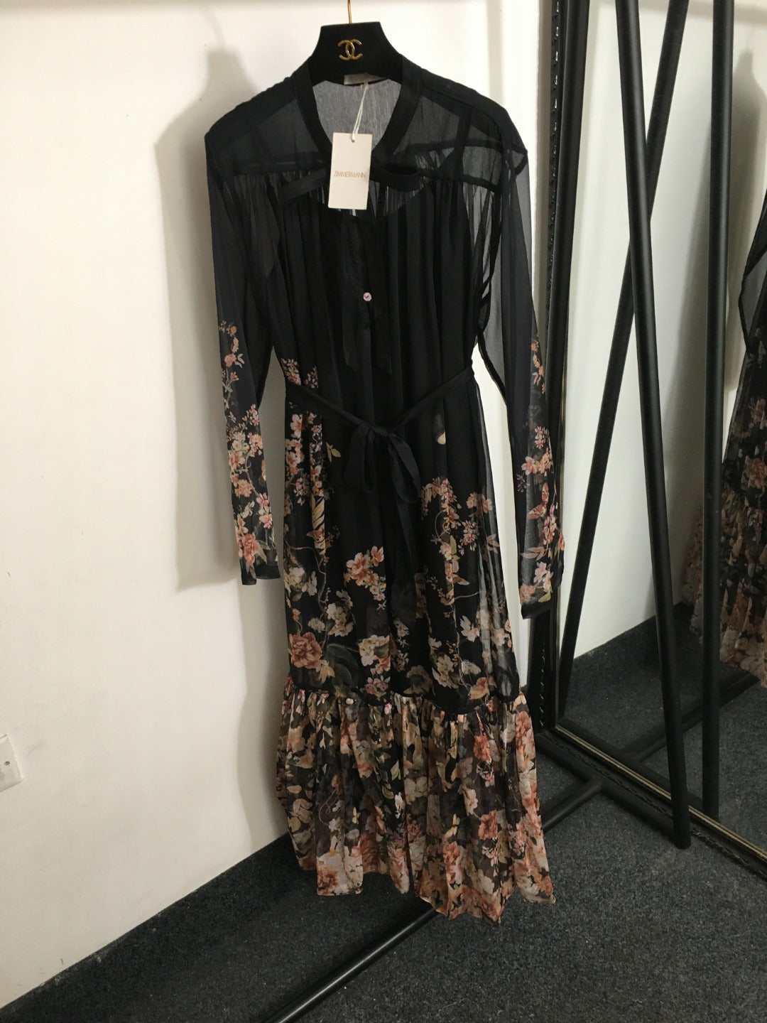 Zimmerma** Pink Small Flower Print Lotus Leaf Long Sleeve Flowing Silk Black Dress Long Skirt