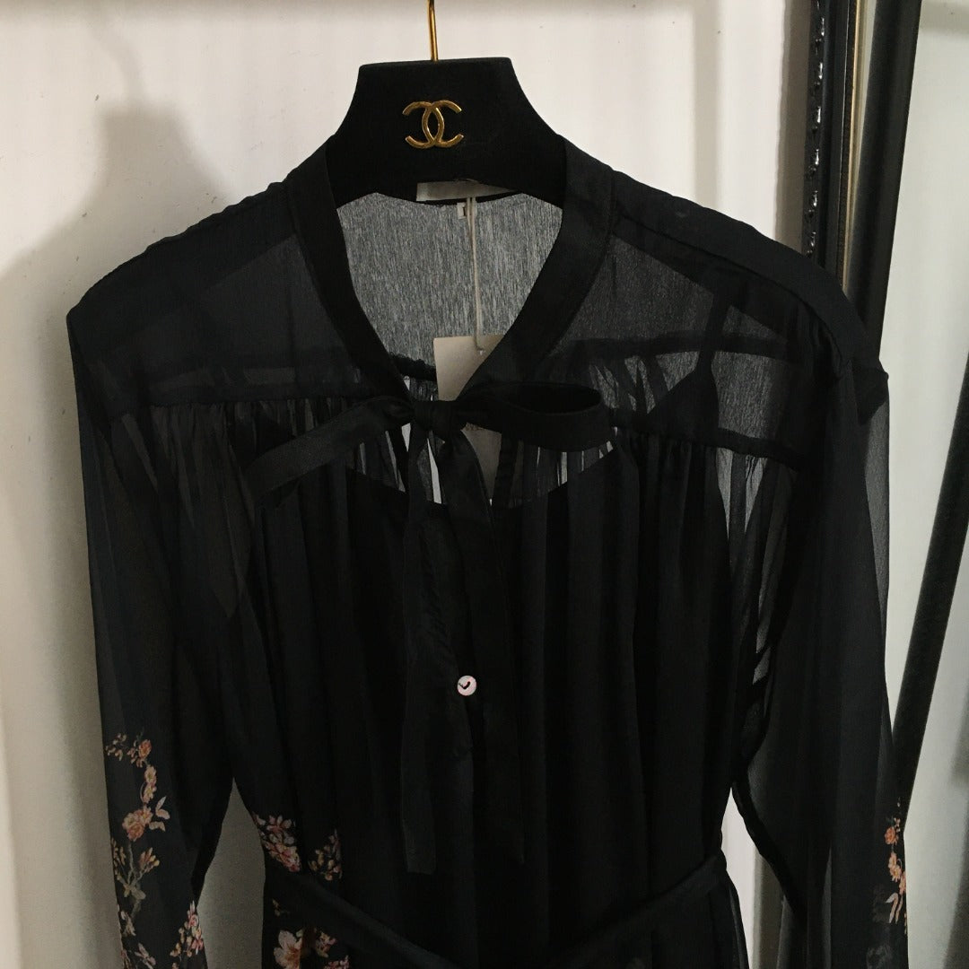 Zimmerma** Pink Small Flower Print Lotus Leaf Long Sleeve Flowing Silk Black Dress Long Skirt