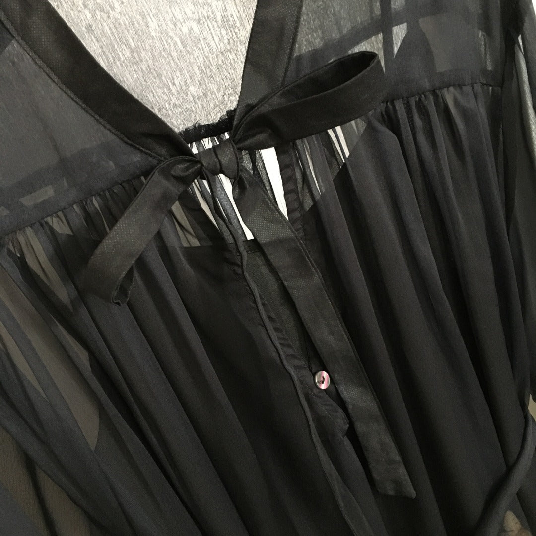 Zimmerma** Pink Small Flower Print Lotus Leaf Long Sleeve Flowing Silk Black Dress Long Skirt