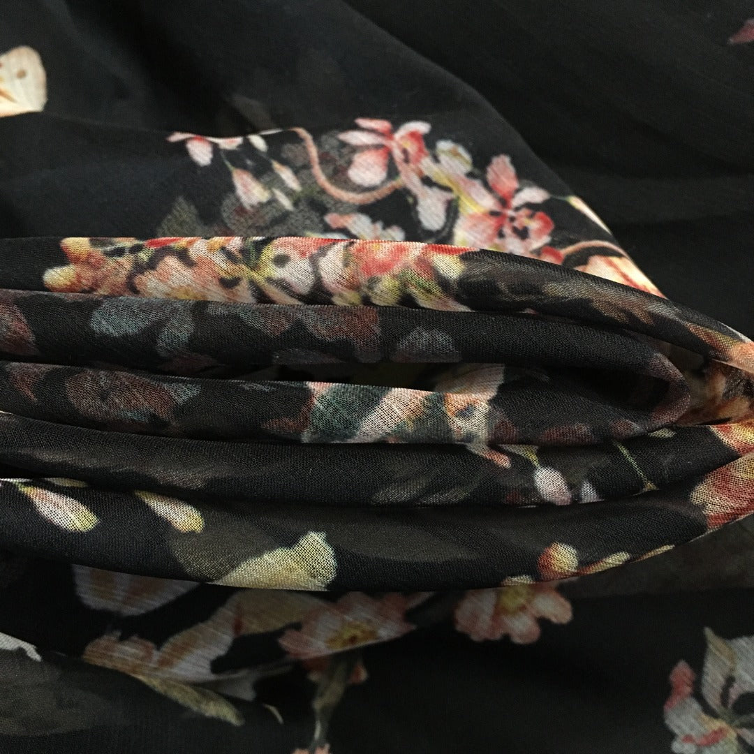 Zimmerma** Pink Small Flower Print Lotus Leaf Long Sleeve Flowing Silk Black Dress Long Skirt