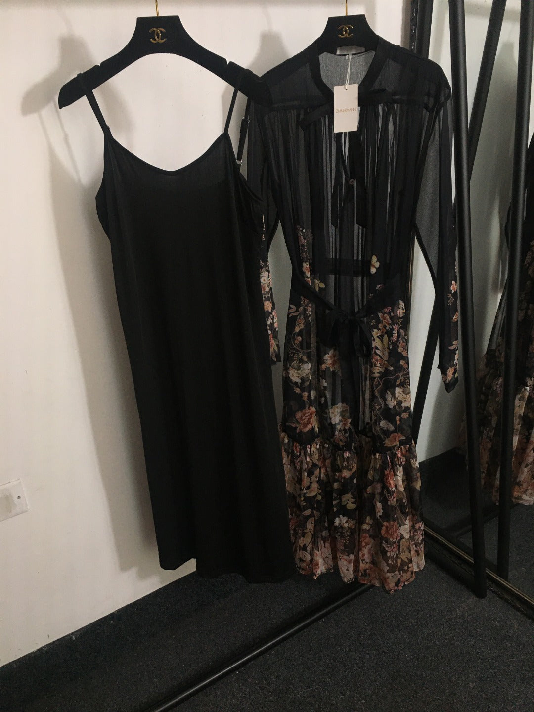 Zimmerma** Pink Small Flower Print Lotus Leaf Long Sleeve Flowing Silk Black Dress Long Skirt