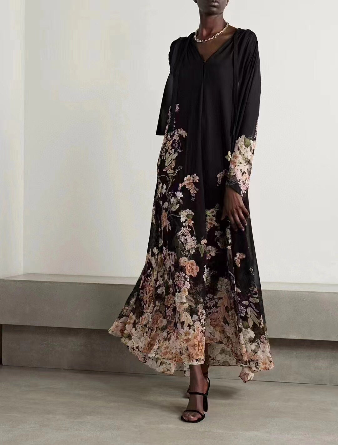 Zimmerma** Pink Small Flower Print Lotus Leaf Long Sleeve Flowing Silk Black Dress Long Skirt