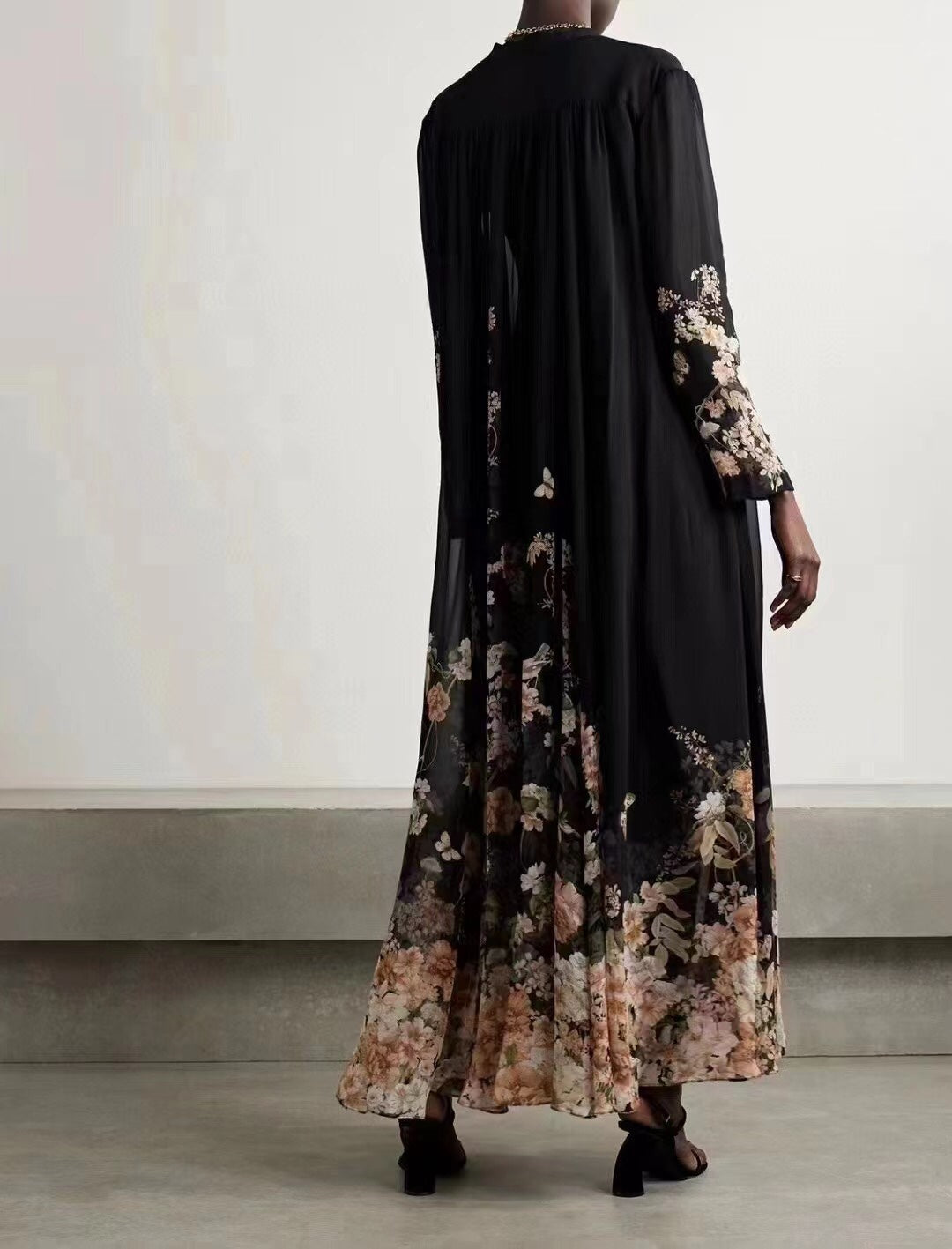 Zimmerma** Pink Small Flower Print Lotus Leaf Long Sleeve Flowing Silk Black Dress Long Skirt