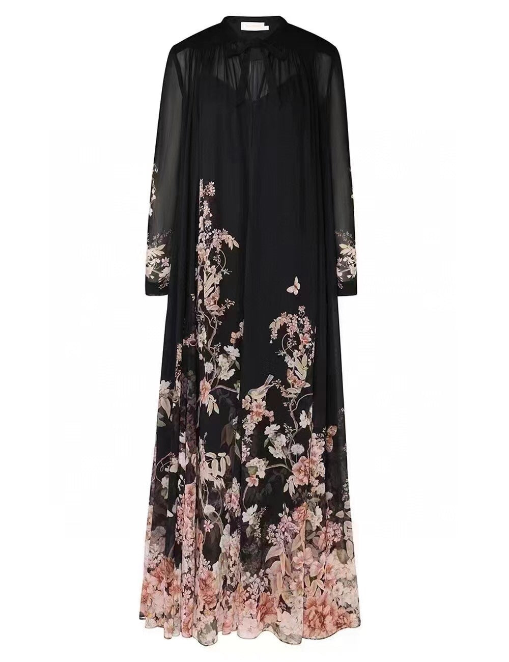 Zimmerma** Pink Small Flower Print Lotus Leaf Long Sleeve Flowing Silk Black Dress Long Skirt