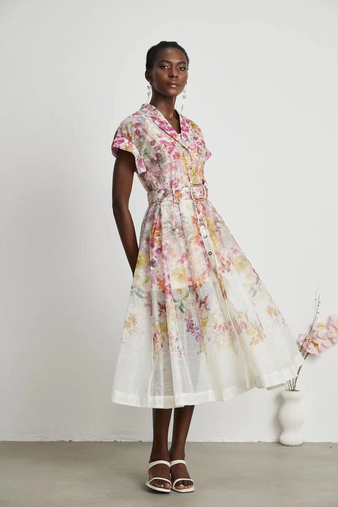 Zimmerma** new linen flower print waist short sleeve dress long skirt