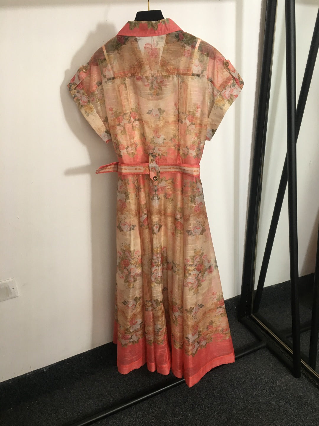 Zimmerma** New Pink Linen Flower Print Waist Short Sleeve Dress Long Skirt