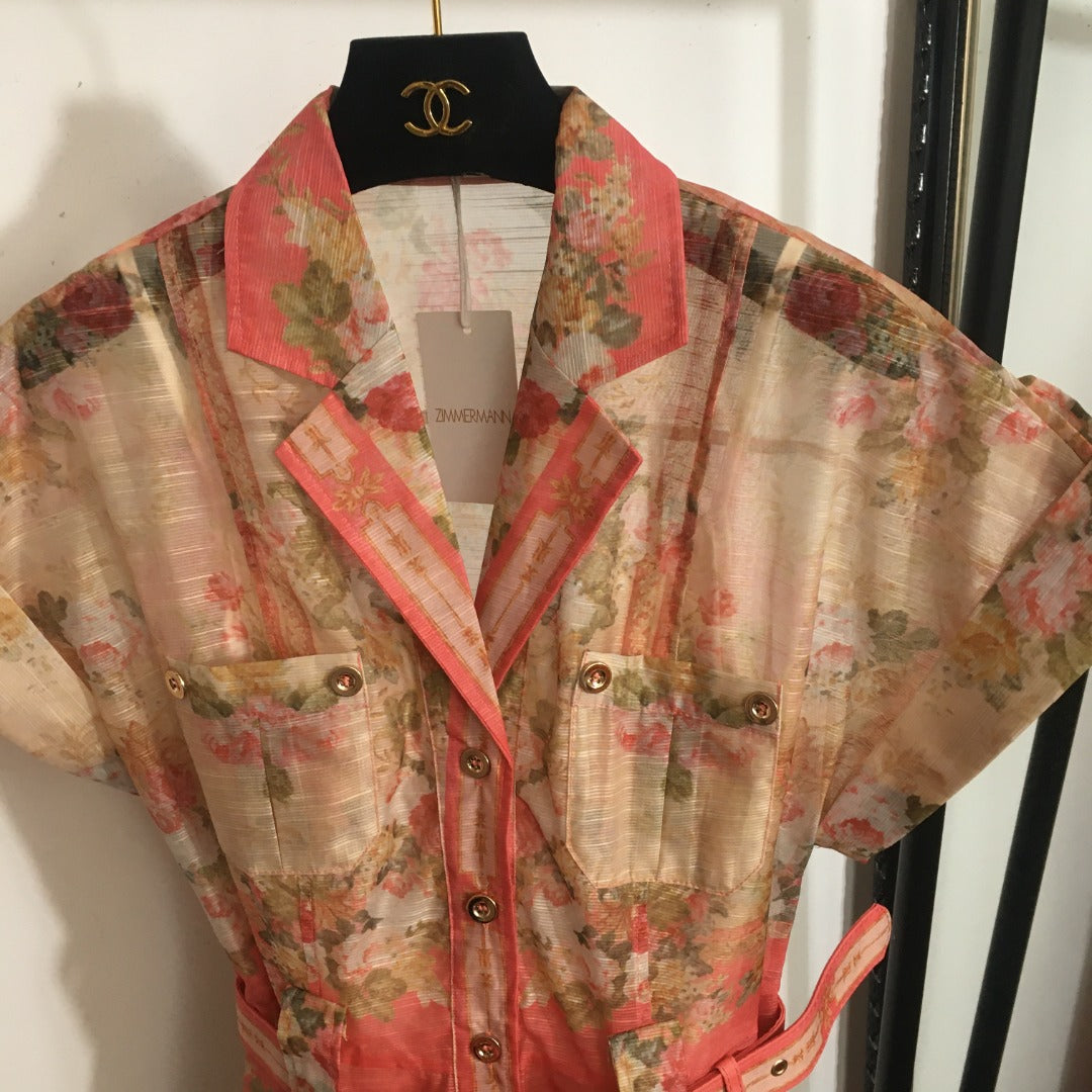 Zimmerma** New Pink Linen Flower Print Waist Short Sleeve Dress Long Skirt