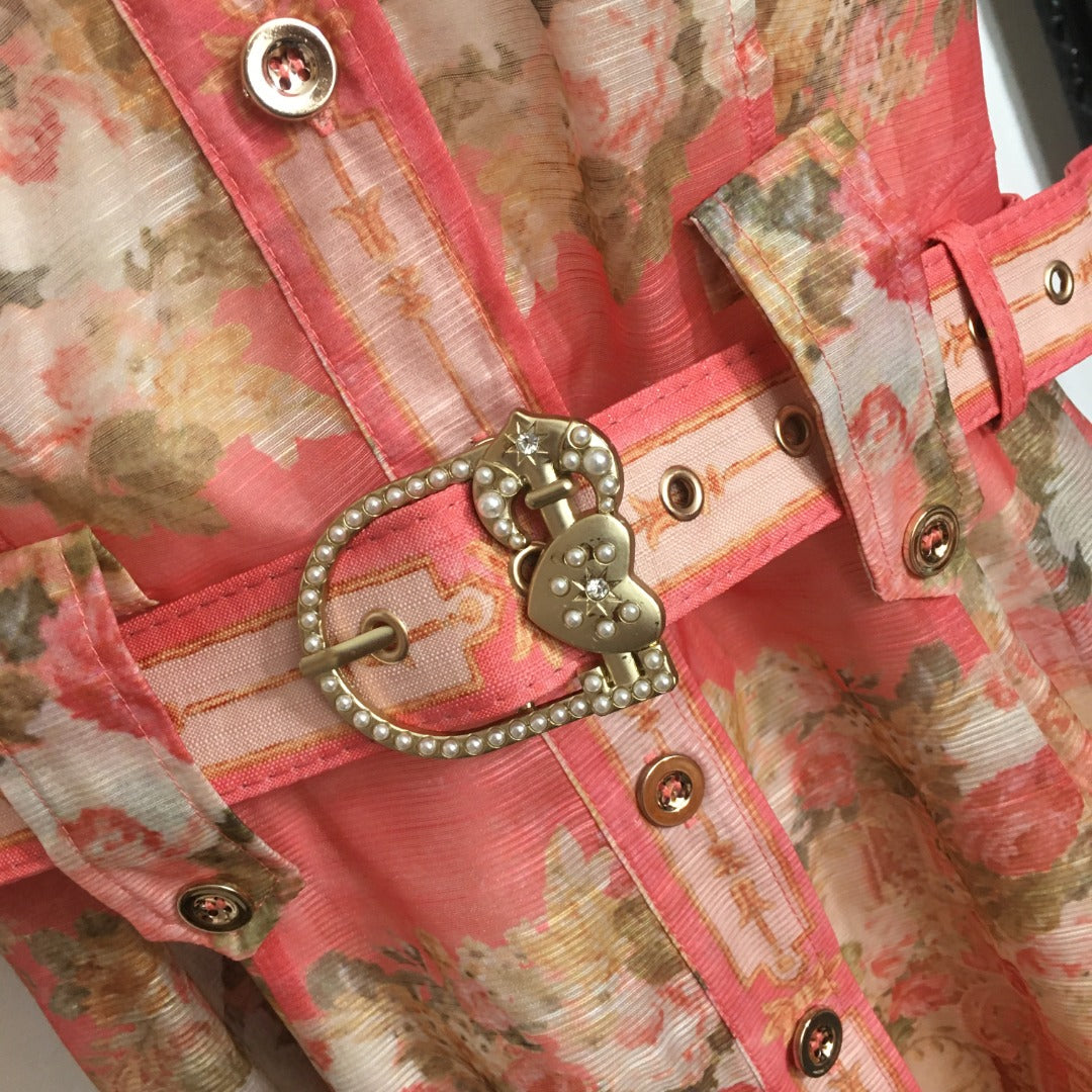 Zimmerma** New Pink Linen Flower Print Waist Short Sleeve Dress Long Skirt