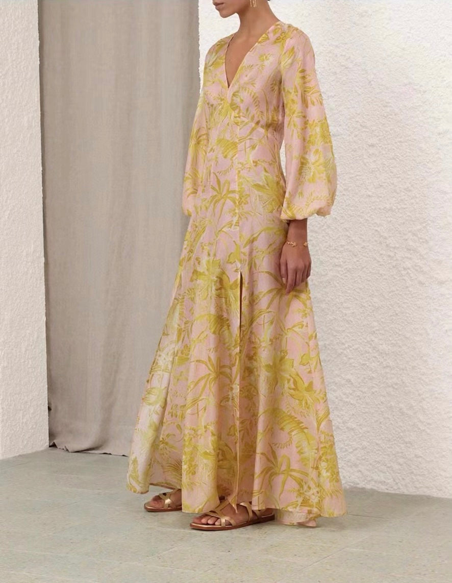 Zimmerma** Yellow Flower Print V-Neck Waist Lantern Long Sleeve Silk Dress