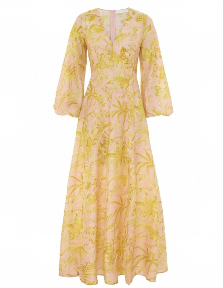 Zimmerma** Yellow Flower Print V-Neck Waist Lantern Long Sleeve Silk Dress