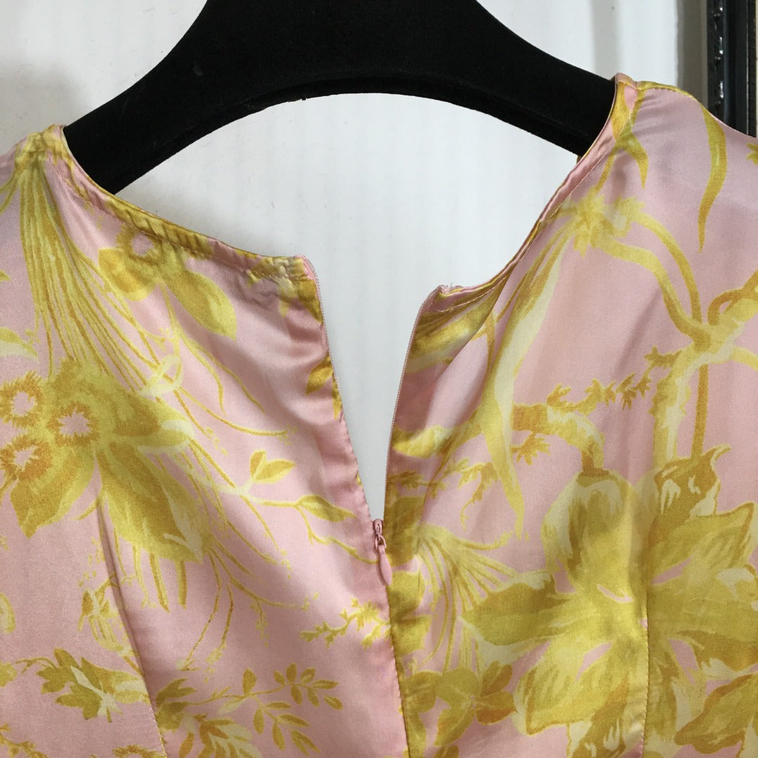 Zimmerma** Yellow Flower Print V-Neck Waist Lantern Long Sleeve Silk Dress