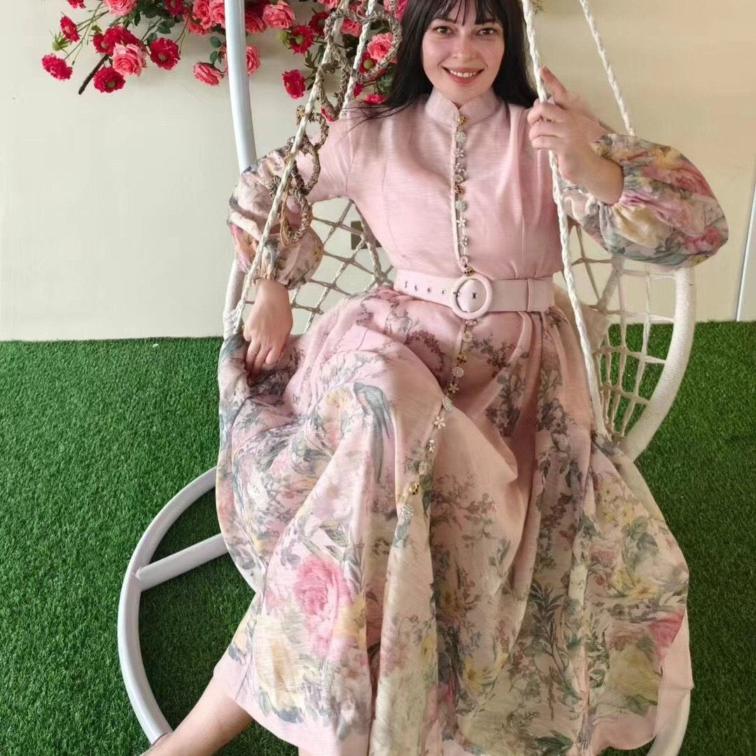 Zimmerma** new style elegant temperament linen colorful flower print diamond button lantern long sleeve dress with belt and suspender lining