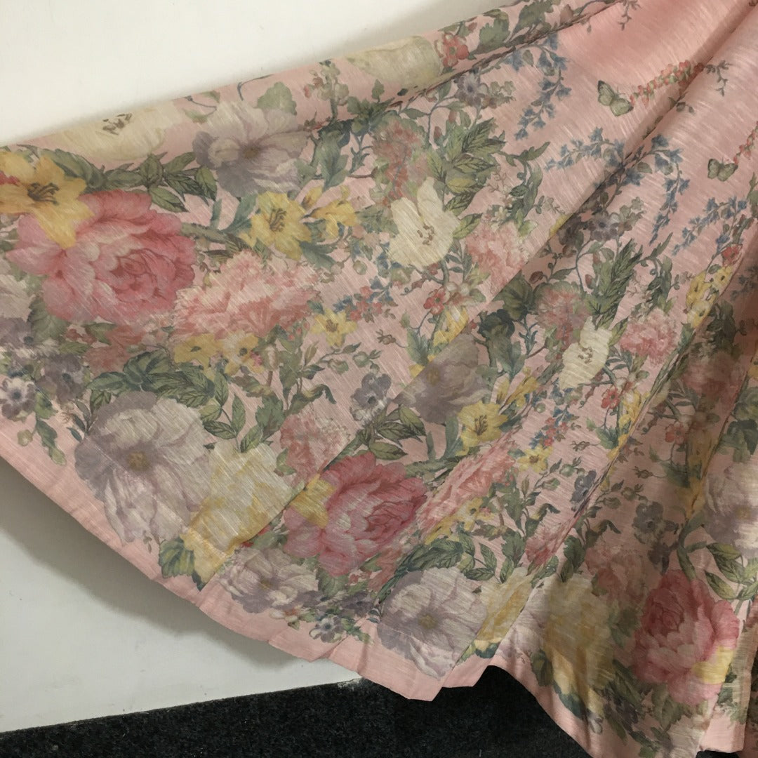 Zimmerma** new style elegant temperament linen colorful flower print diamond button lantern long sleeve dress with belt and suspender lining