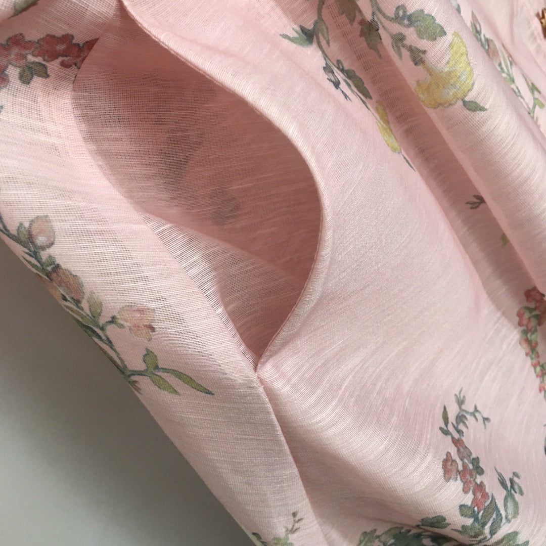 Zimmerma** new style elegant temperament linen colorful flower print diamond button lantern long sleeve dress with belt and suspender lining