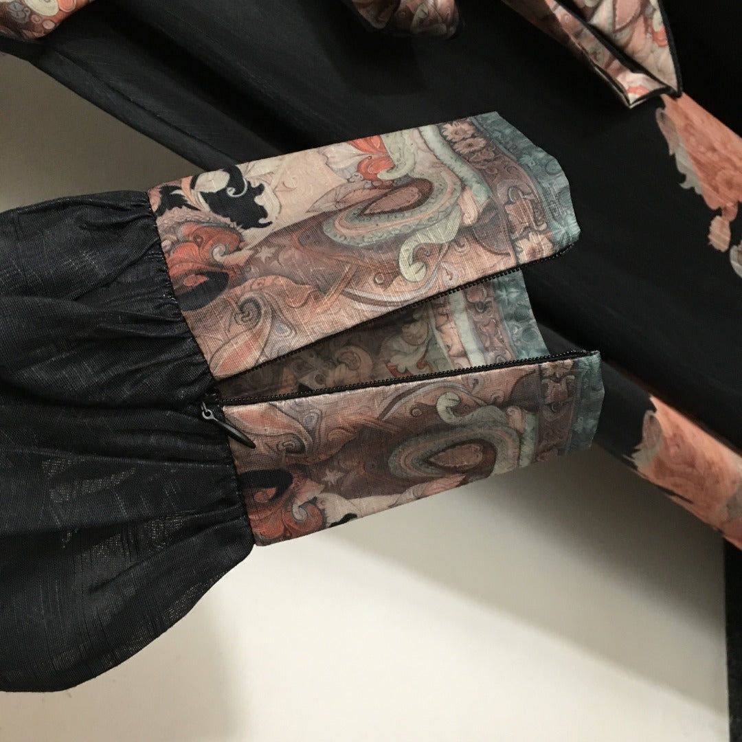 Zimmerma** Retro Flower Print Tie Waist Lantern Long Sleeve Dress, Black