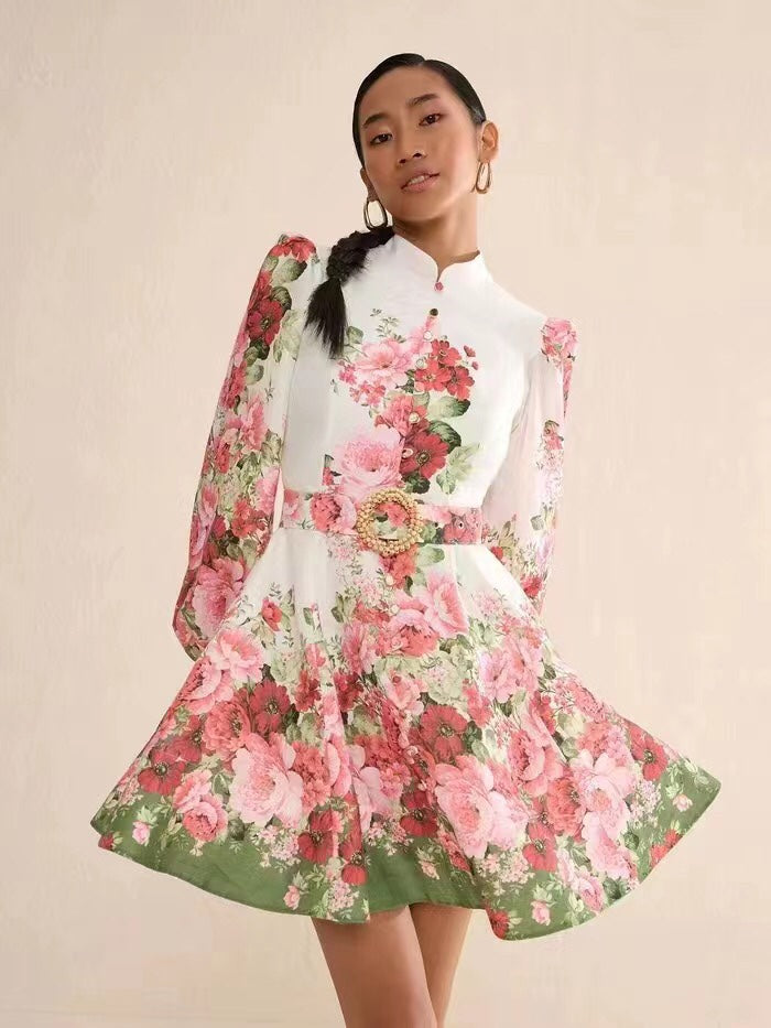 Zimmerma** new style temperament red flower print stand collar long sleeve dress with belt