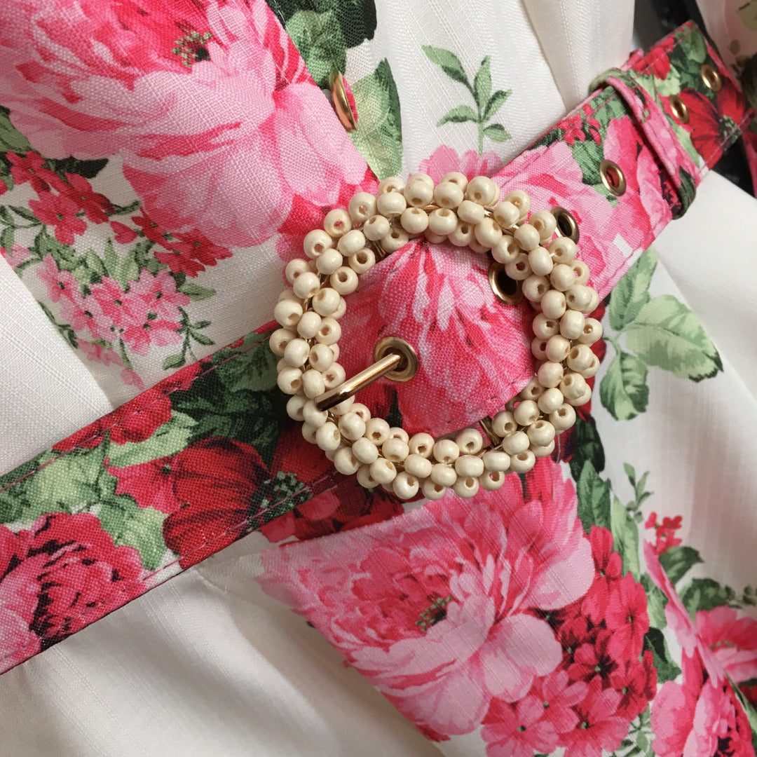 Zimmerma** new style temperament red flower print stand collar long sleeve dress with belt