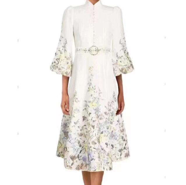 Zim** new elegant floral print custom shell button lantern long sleeve dress with belt, white