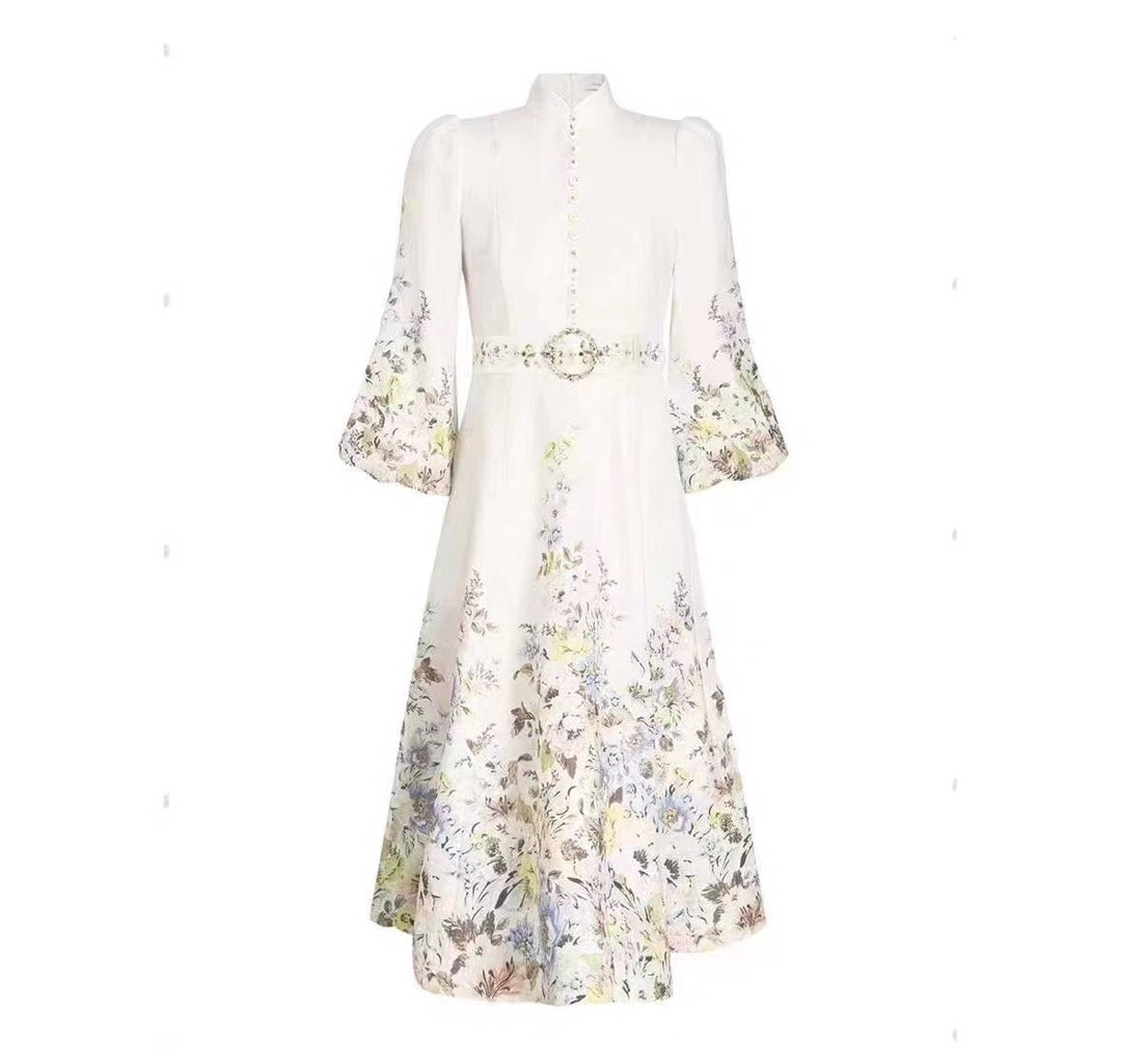 Zim** new elegant floral print custom shell button lantern long sleeve dress with belt, white