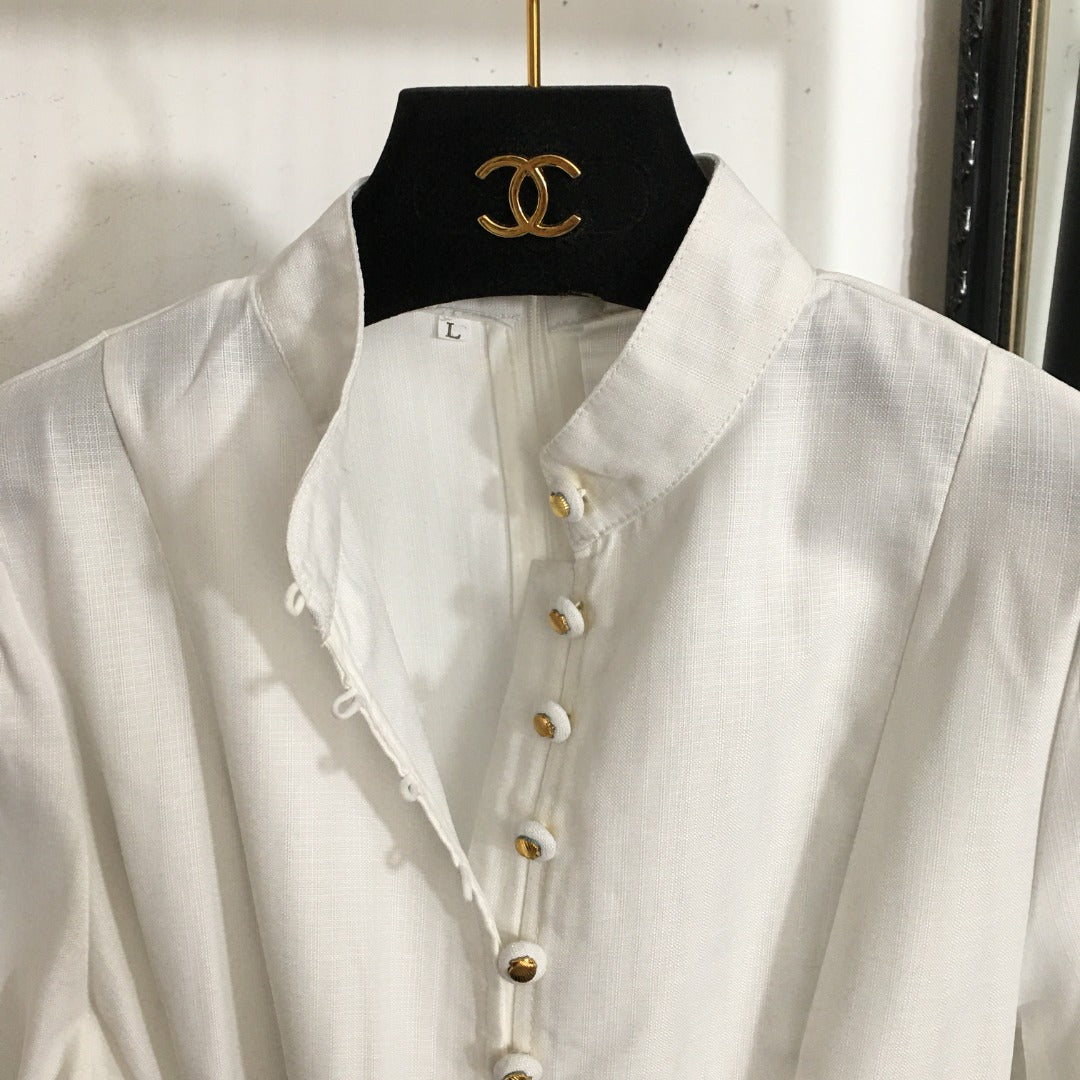 Zim** new elegant floral print custom shell button lantern long sleeve dress with belt, white