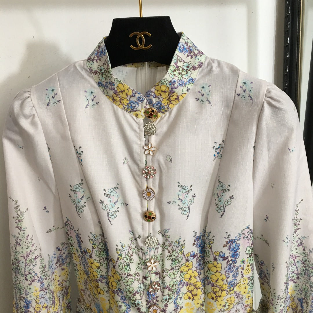 Zim** new style colorful flower print diamond button lantern long sleeve dress long skirt with belt, white