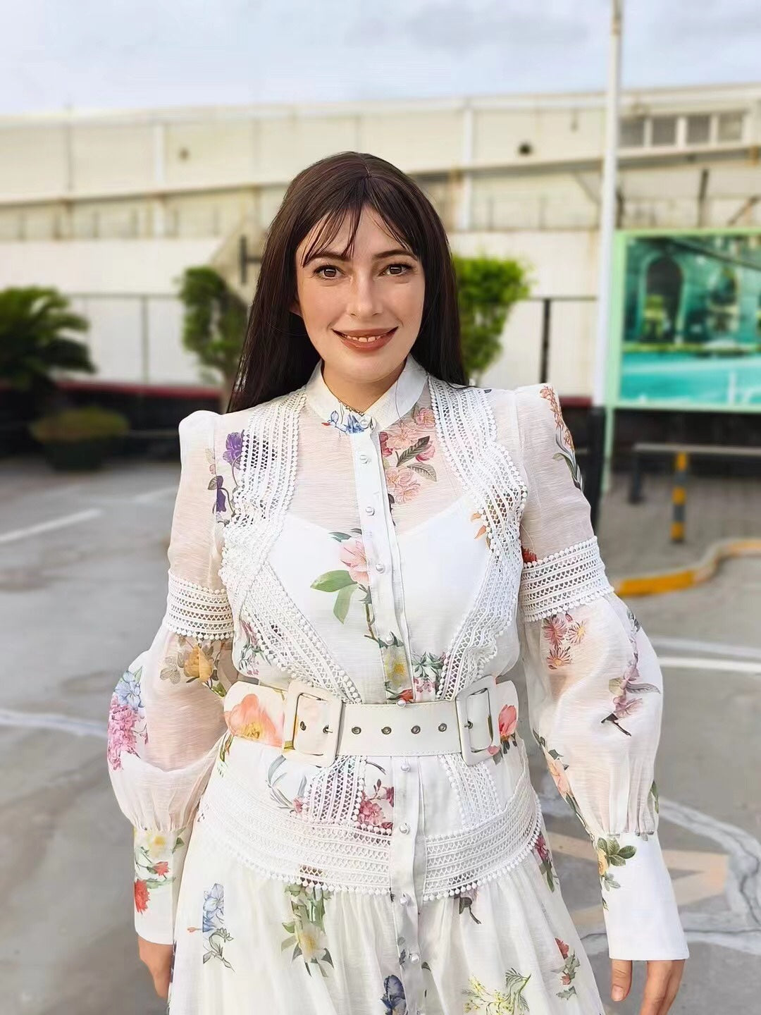 Zim** Linen colorful flower print Pearl button collar waist long sleeve dress with belt and suspender lining, white