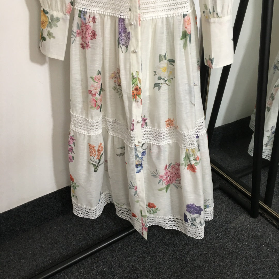 Zim** Linen colorful flower print Pearl button collar waist long sleeve dress with belt and suspender lining, white