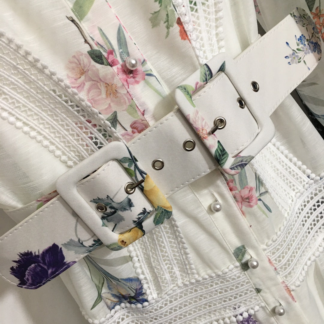 Zim** Linen colorful flower print Pearl button collar waist long sleeve dress with belt and suspender lining, white
